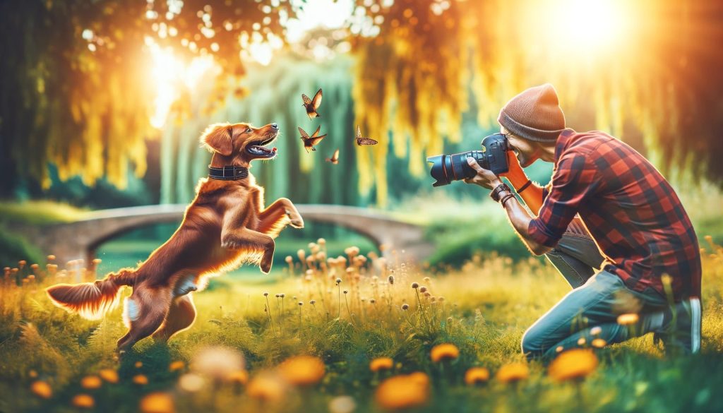 Professional photographer capturing a playful dog in a park, showcasing the joy and dynamism of dog photography.